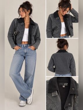 NWOT Fox Racing Women's Charcoal Gray Moto Zip Jacket Shearling Collar Sherpa